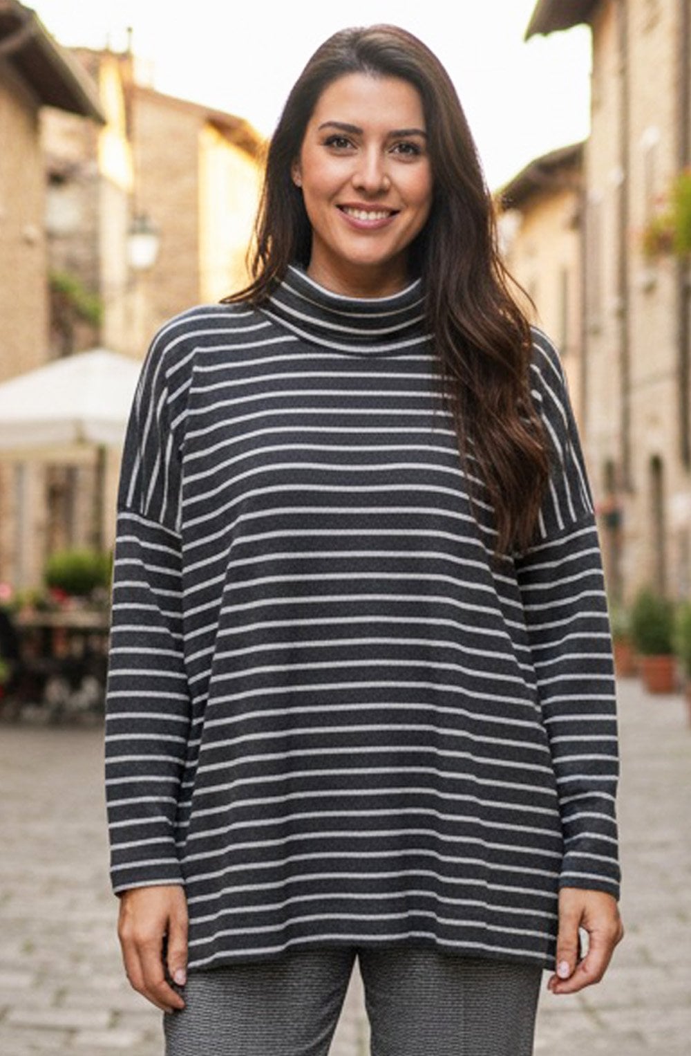 Zita Anthracite Striped Cowl Neck Oversized Jumper