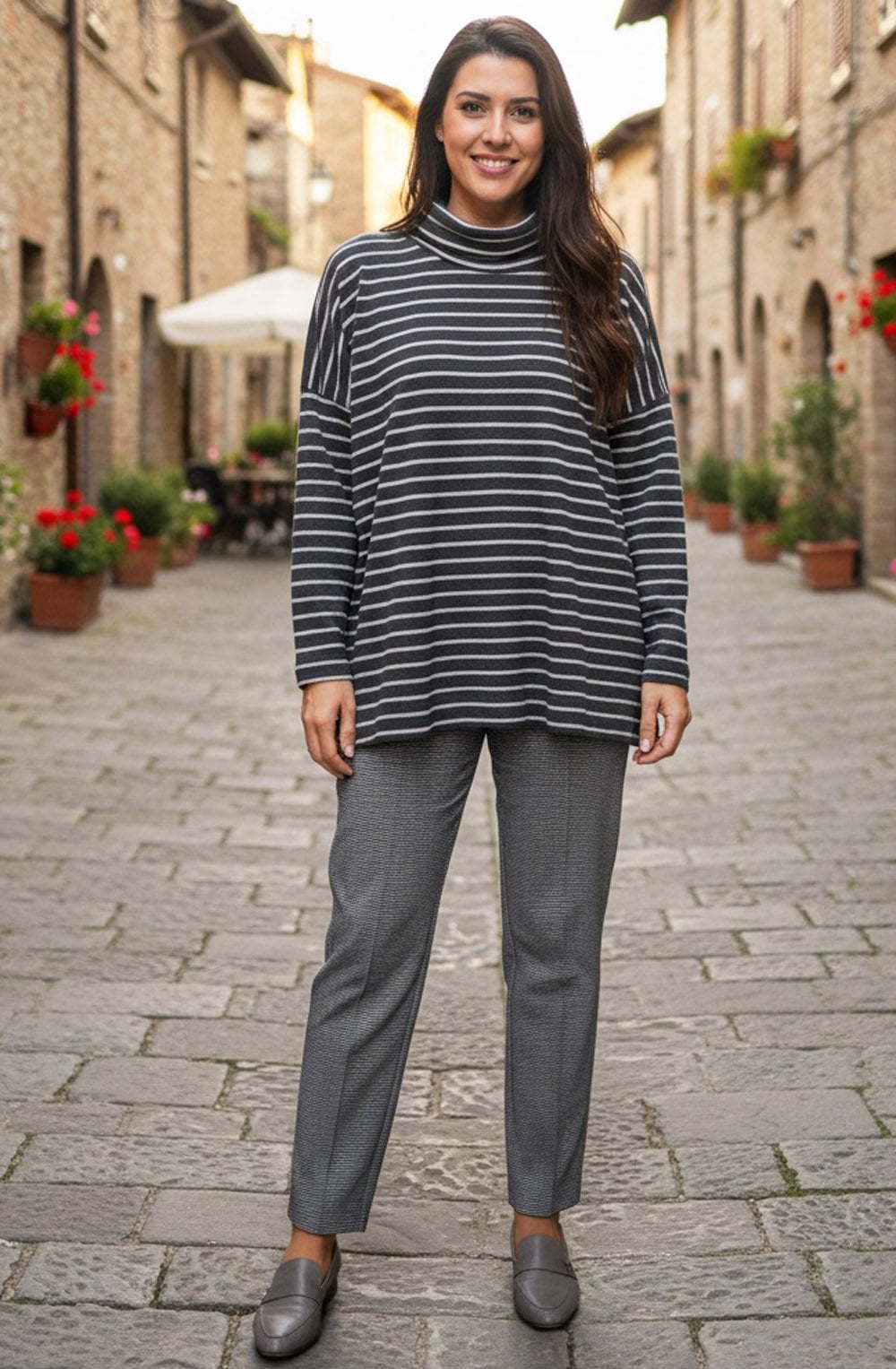 Zita Anthracite Striped Cowl Neck Oversized Jumper