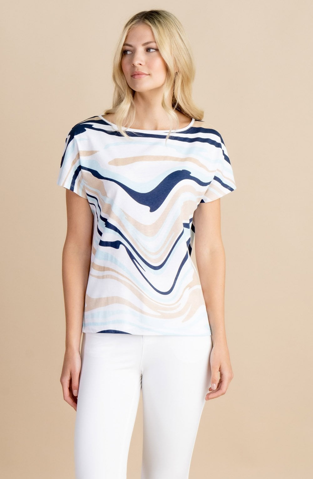 Aqua Mint and Beige Wavy Stripe Top