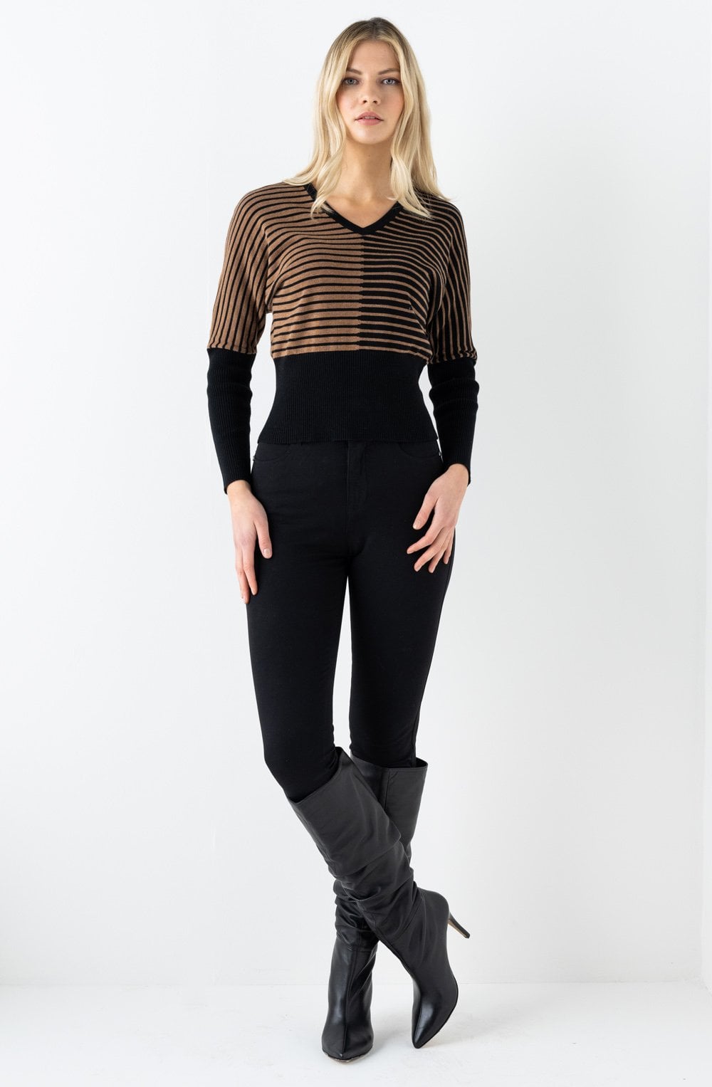 Black and Brown Striped Bat Wing Jumper
