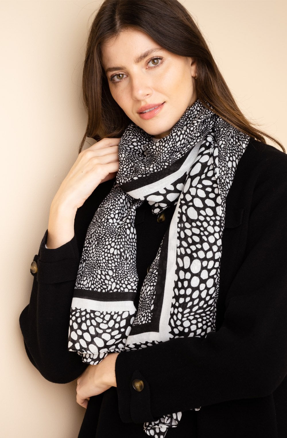 Black and Cream Spot Print Woven Scarf