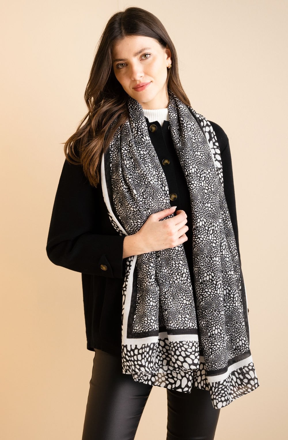 Black and Cream Spot Print Woven Scarf