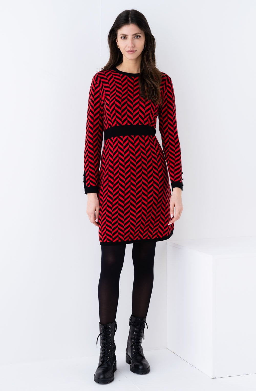 Black and Red Aztec Print Knitted Dress