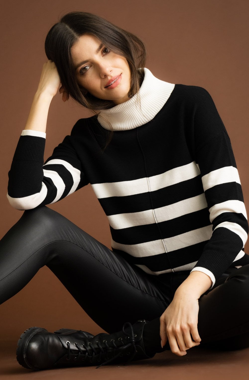 Black and White Striped Polo Neck Jumper