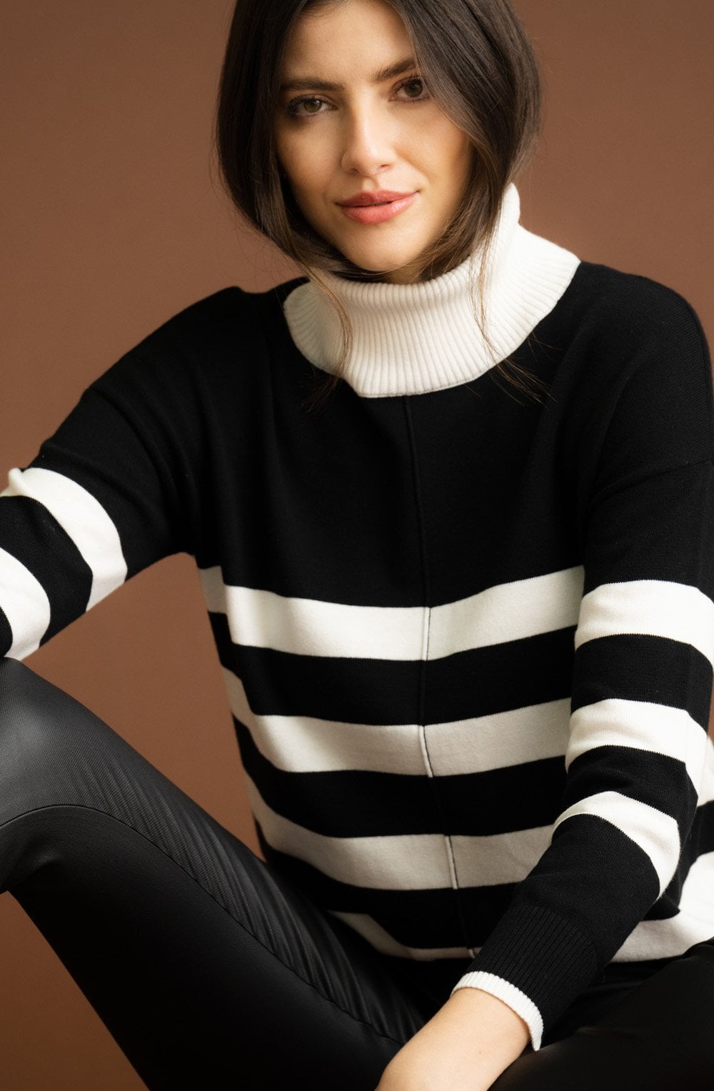 Black and White Striped Polo Neck Jumper