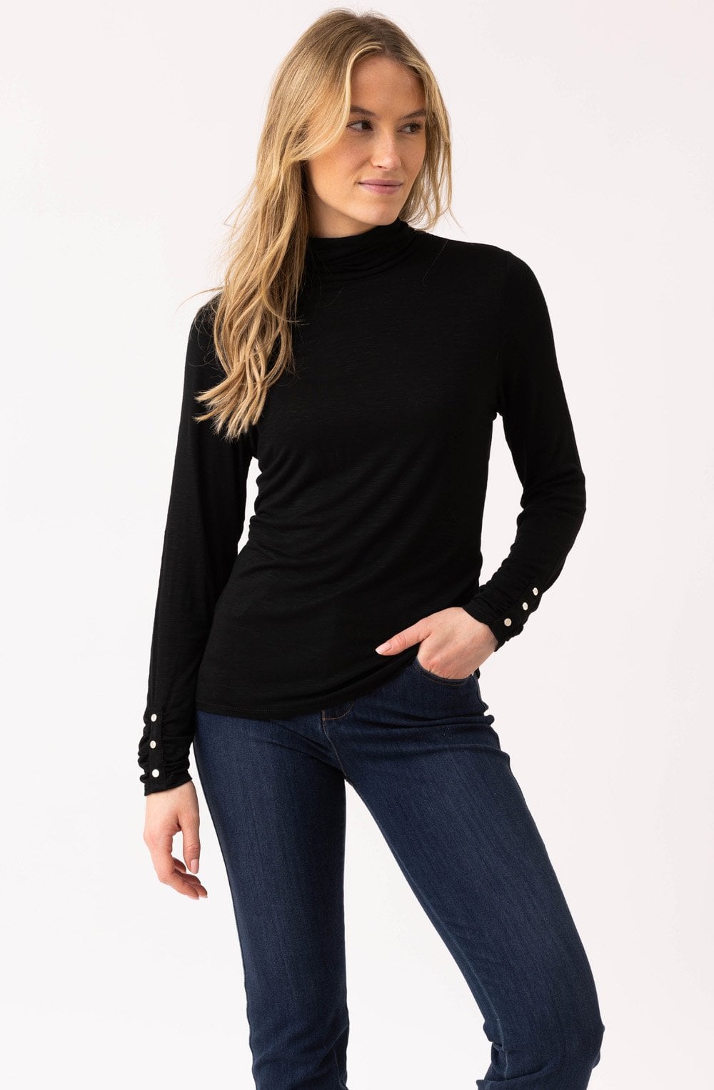 Black Jersey Polo Neck Top