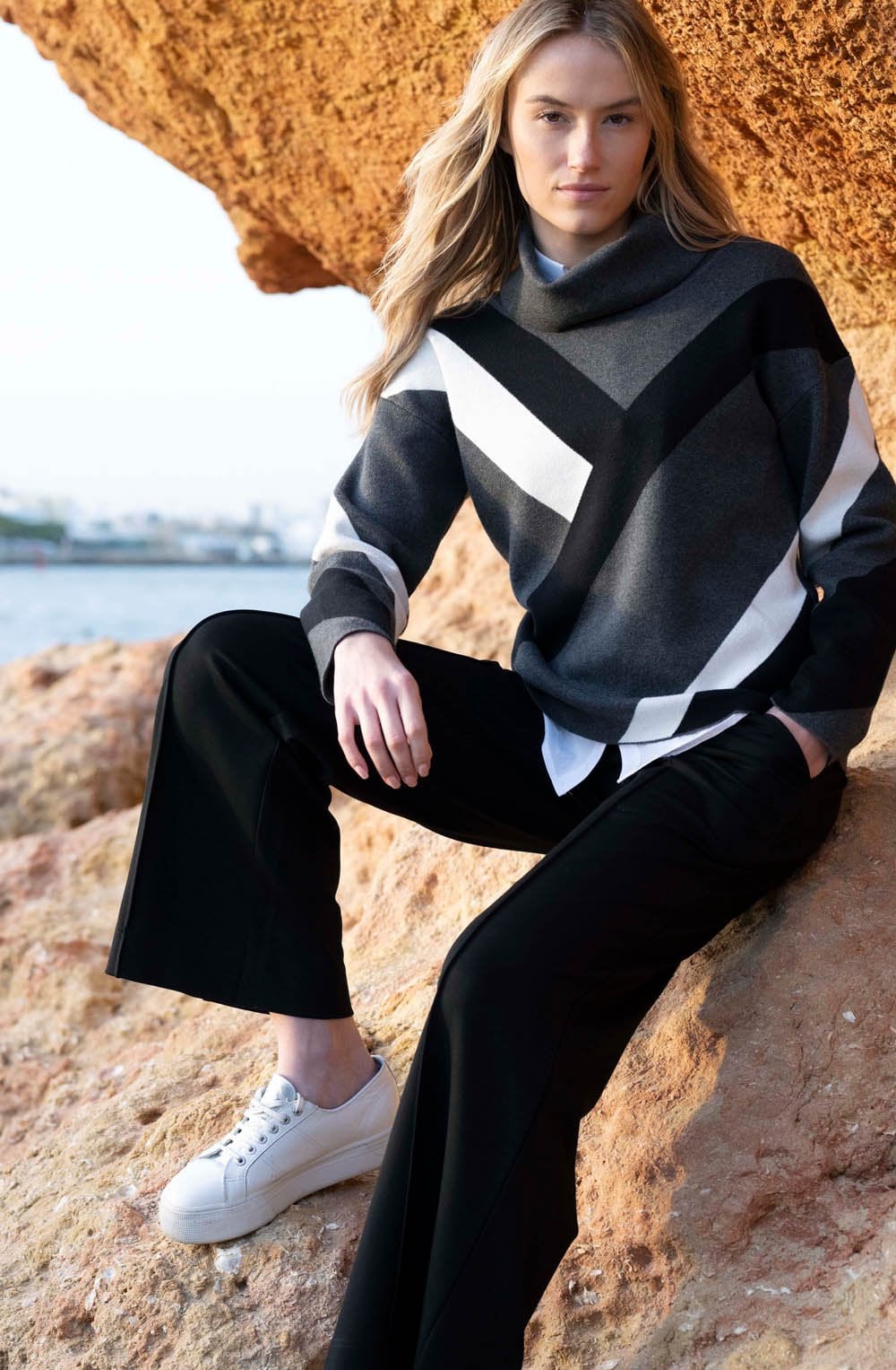 Black Striped Cowl Neck Jacquard Jumper