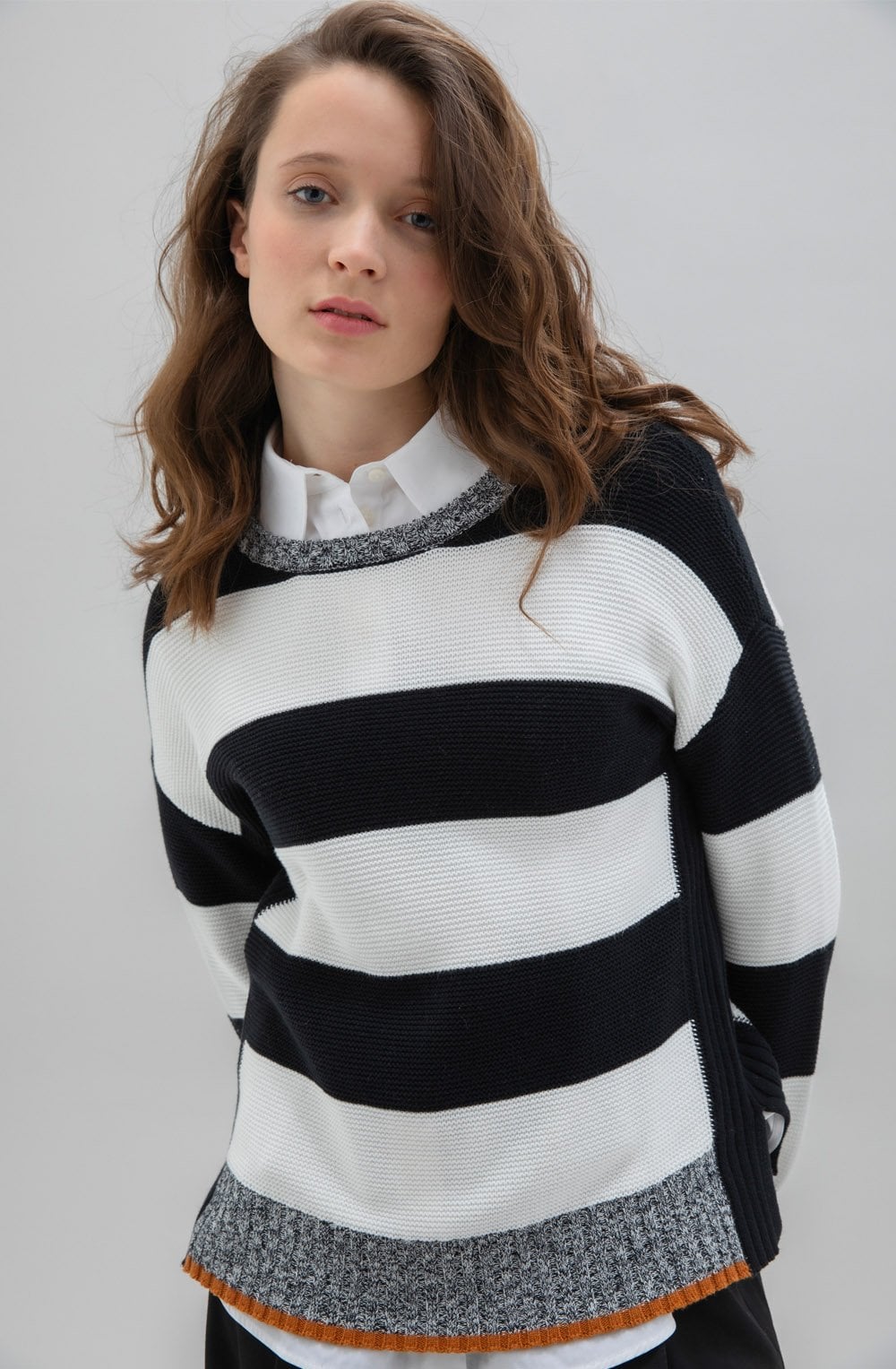Black & White Block Stripe Jumper Tan Detail