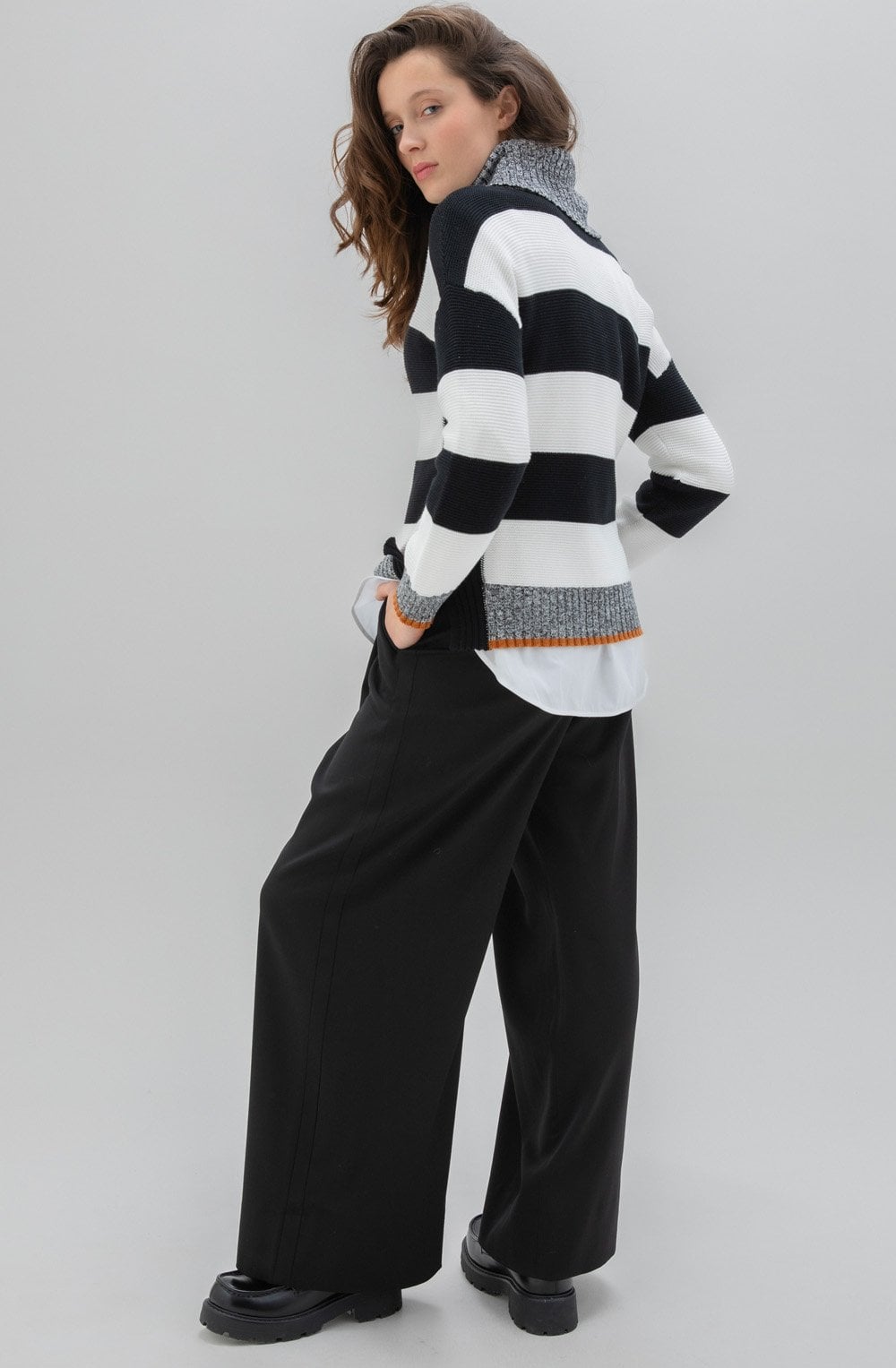 Black & White Block Stripe Jumper Tan Detail