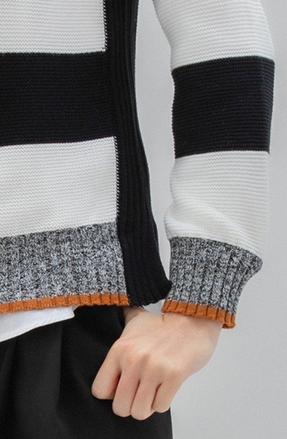 Black & White Block Stripe Jumper Tan Detail