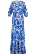 Blue and White Palm Leaf Maxi Dress