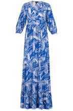 Blue and White Palm Leaf Maxi Dress
