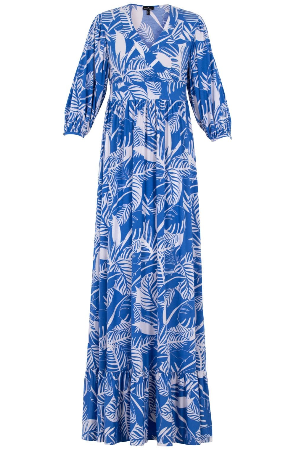 Blue and White Palm Leaf Maxi Dress