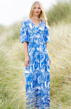 Blue and White Palm Leaf Maxi Dress