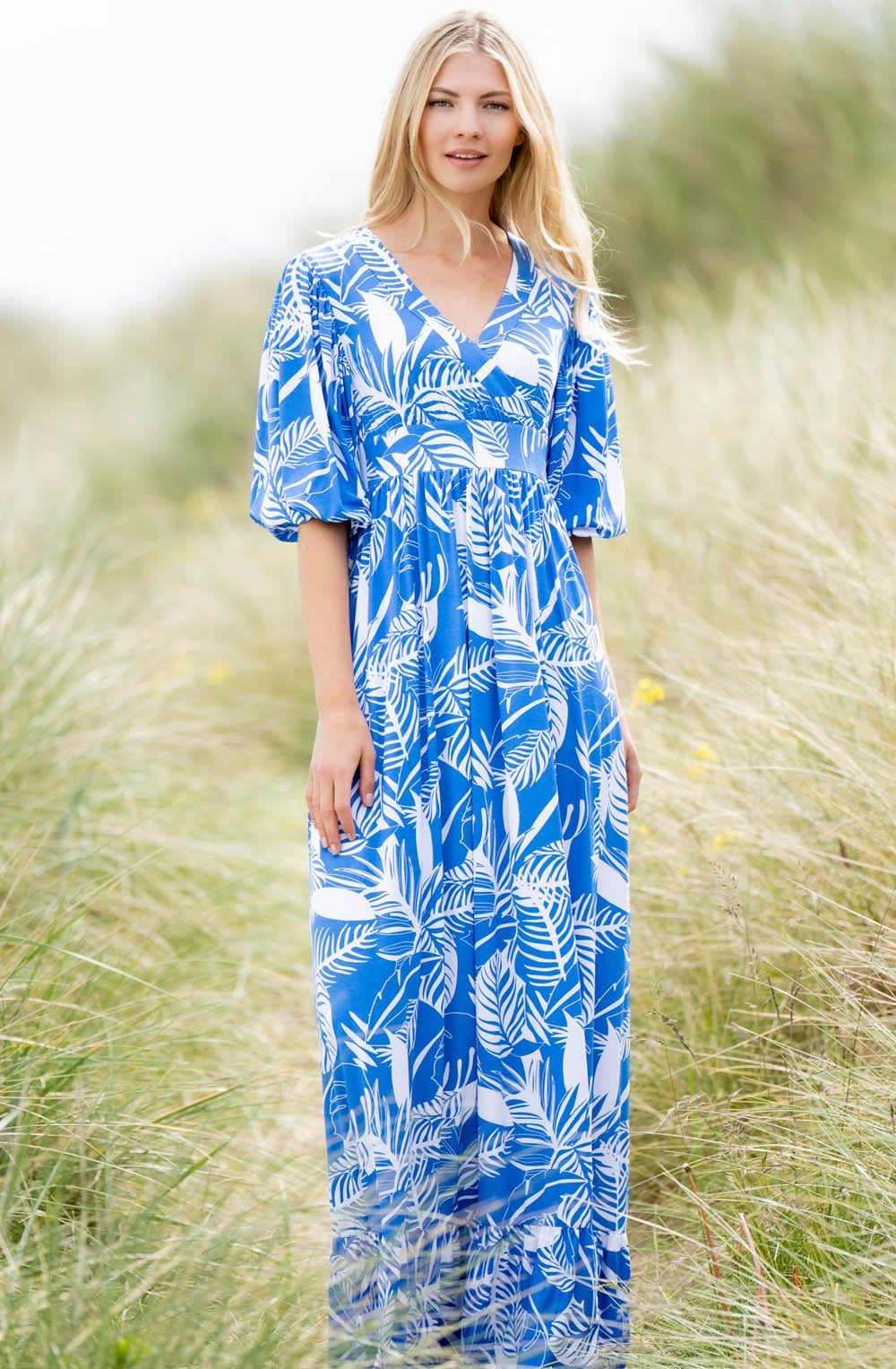 Blue and White Palm Leaf Maxi Dress