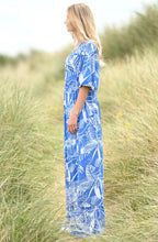 Blue and White Palm Leaf Maxi Dress