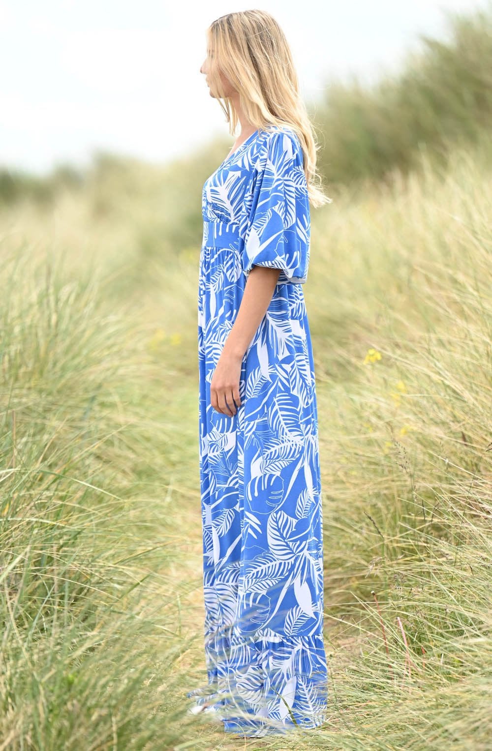 Blue and White Palm Leaf Maxi Dress