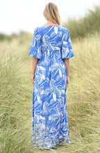 Blue and White Palm Leaf Maxi Dress