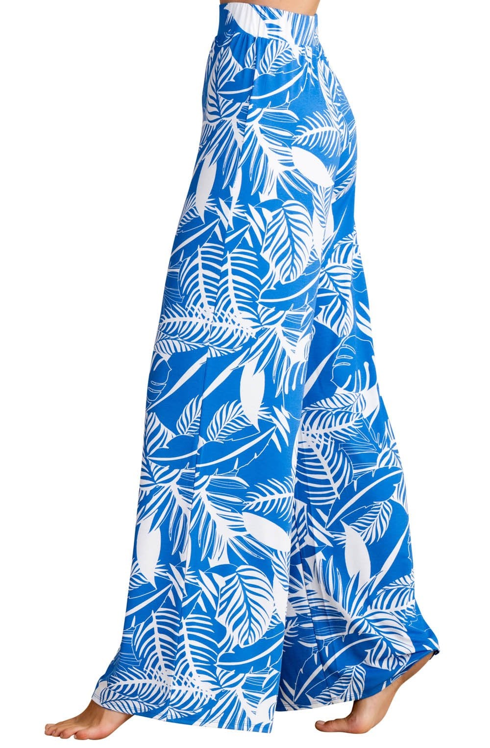 Blue Leaf Print Palazzo Jersey Trousers