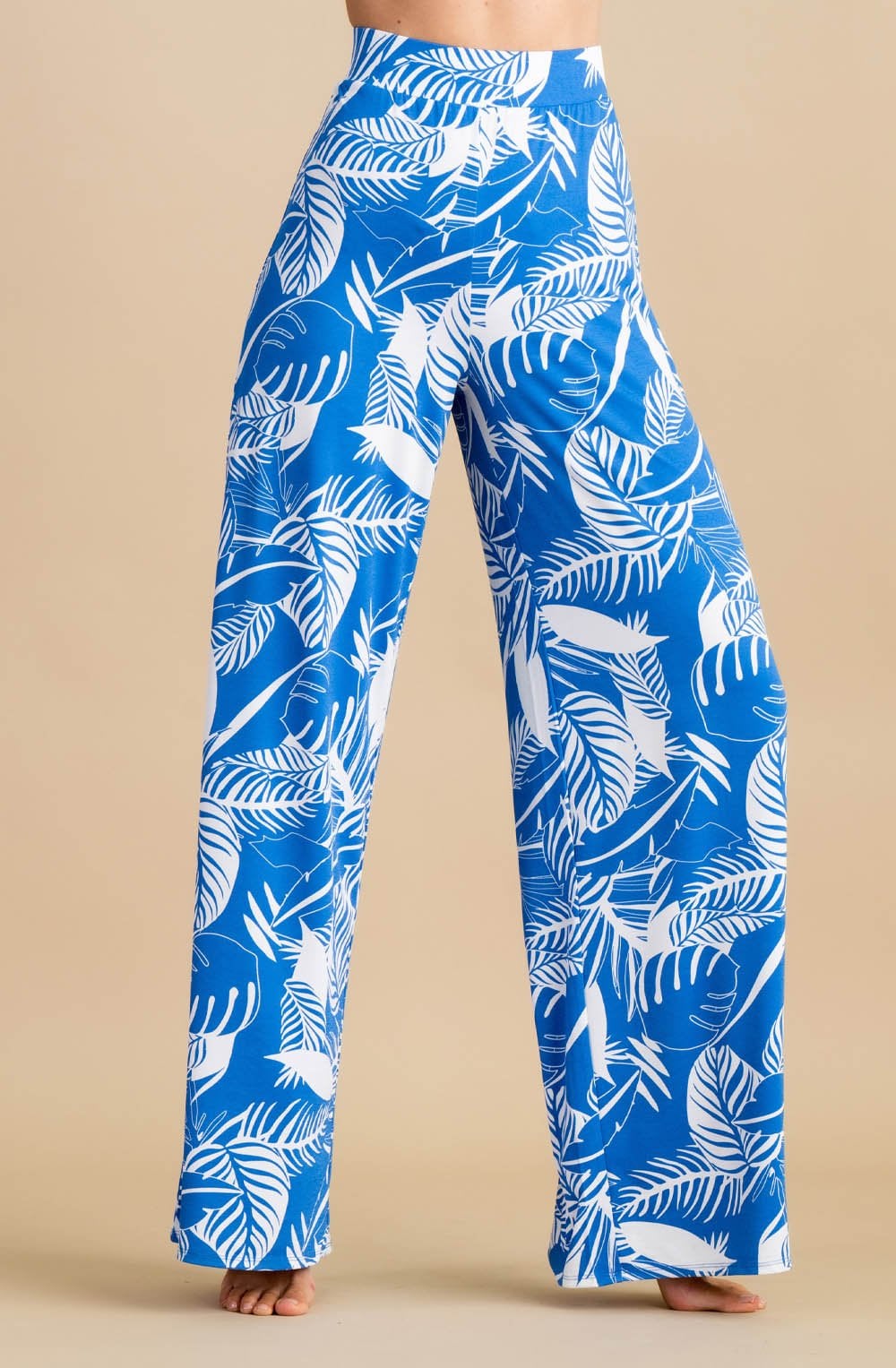 Blue Leaf Print Palazzo Jersey Trousers