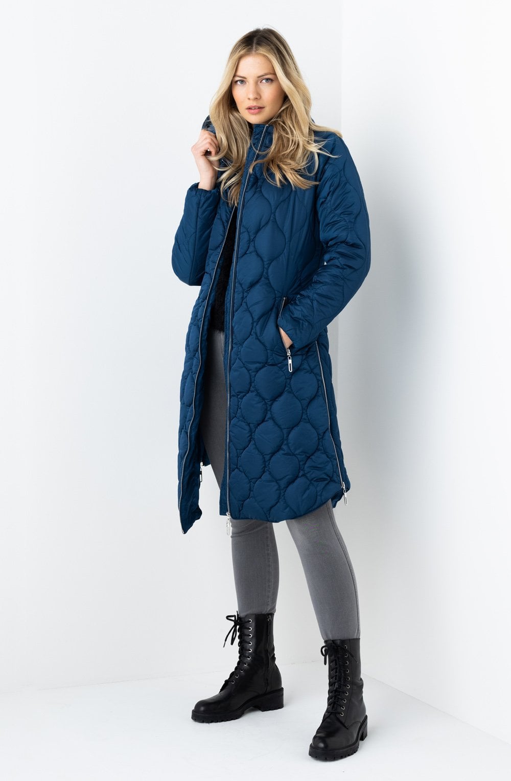 Blue Quilted Midi Coat