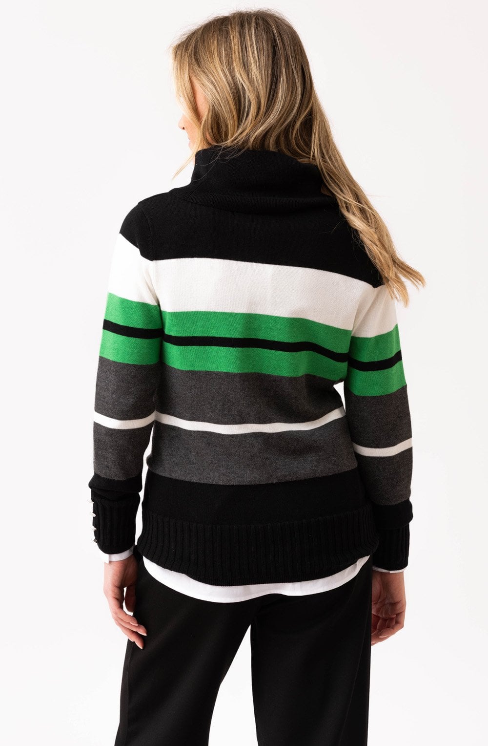 Charcoal and Green Striped Cowl Neck Jumper