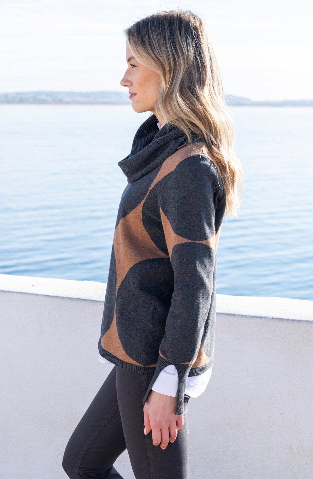 Charcoal and Tobacco Polka Dot Cowl Neck Jumper
