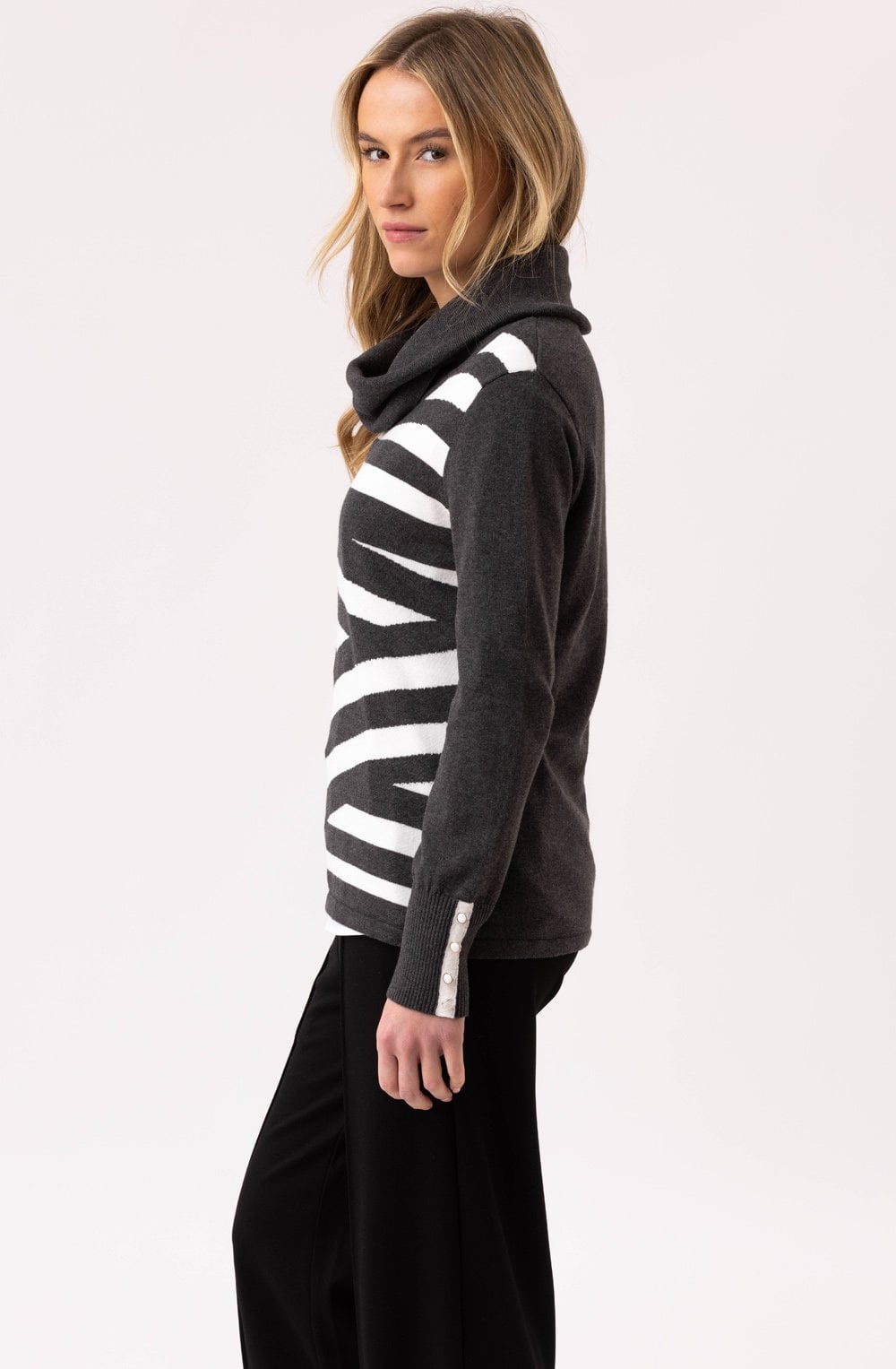 Charcoal Striped Cowl Neck Fitted Jumper