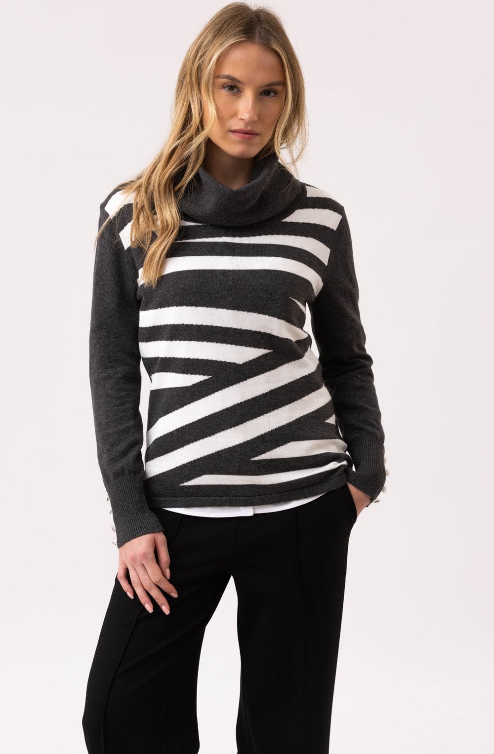 Charcoal Striped Cowl Neck Fitted Jumper