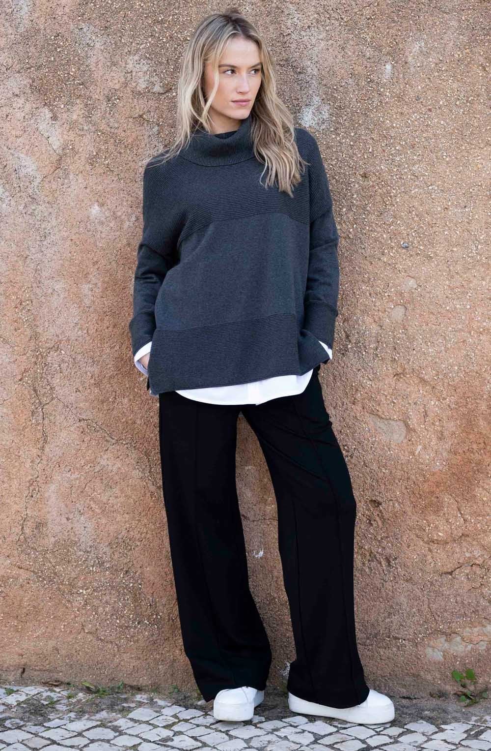 Charcoal Textured Knit Oversized Cowl Neck Jumper