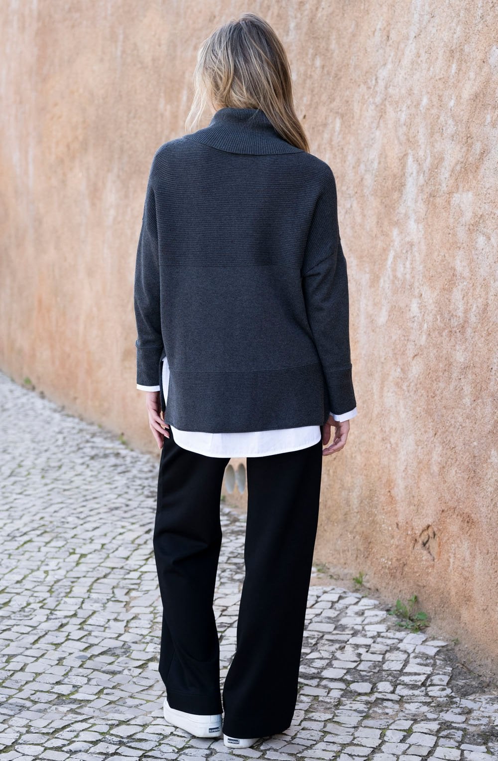 Charcoal Textured Knit Oversized Cowl Neck Jumper