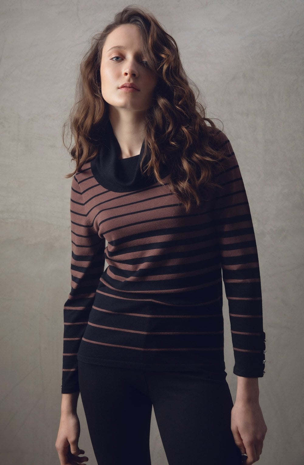 Chocolate and Black Striped Cowl Neck Jumper