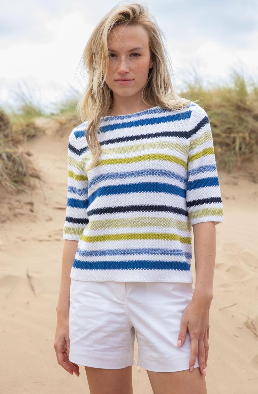 Cobalt Blue and Lime Woven Striped Jumper