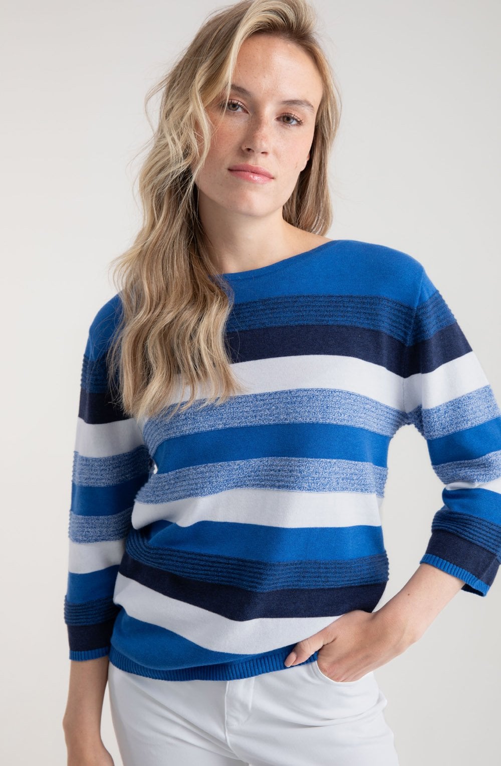 Cobalt Blue Ribbed Knit Striped Jumper