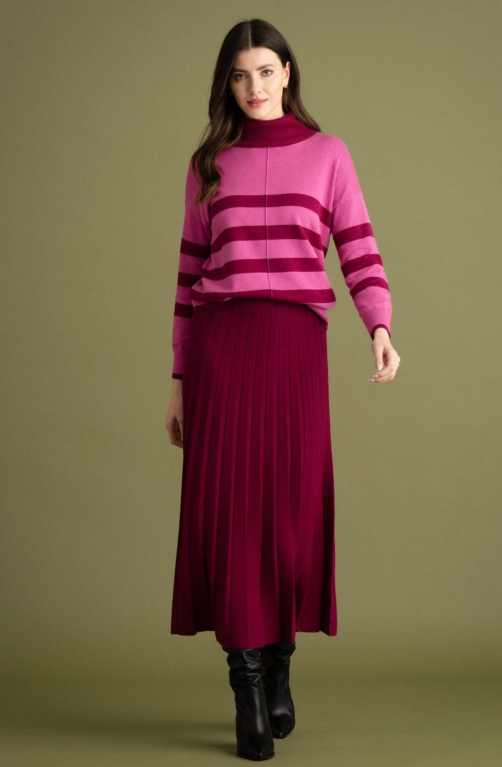 Dark Pink and Berry Striped Polo Neck Jumper
