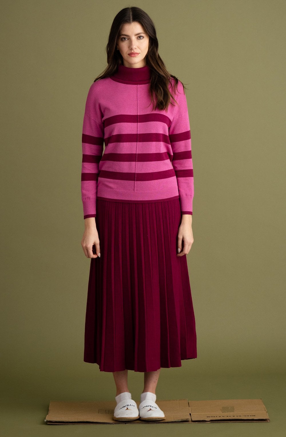 Dark Pink and Berry Striped Polo Neck Jumper