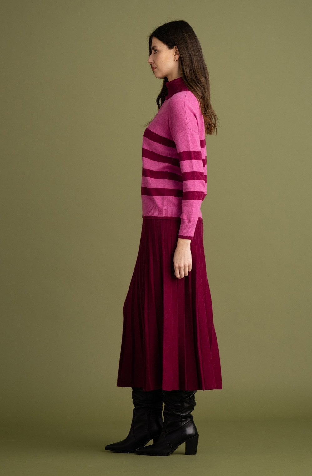 Dark Pink and Berry Striped Polo Neck Jumper