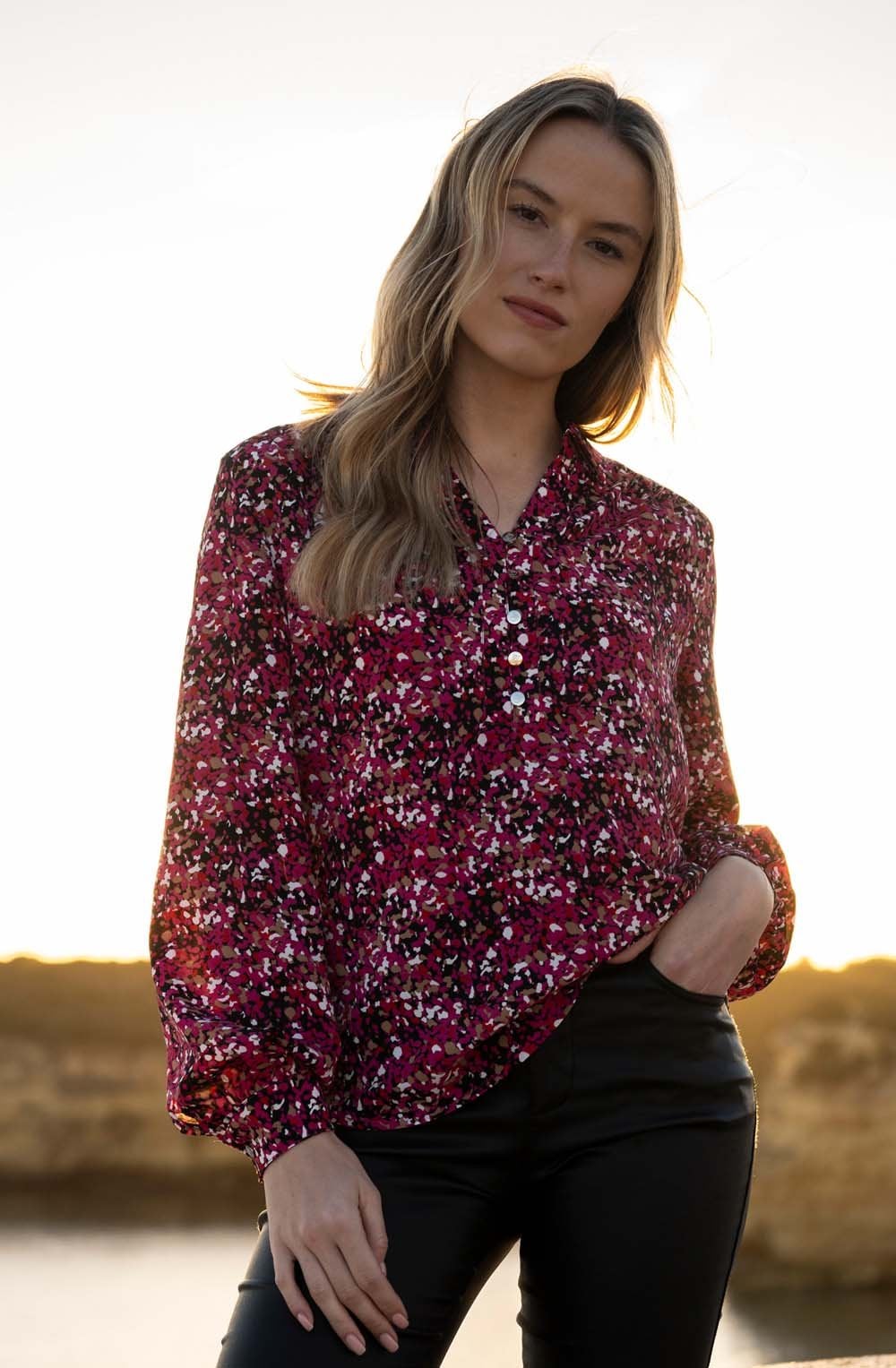 Fuchsia Abstract Print Silk Touch Blouse