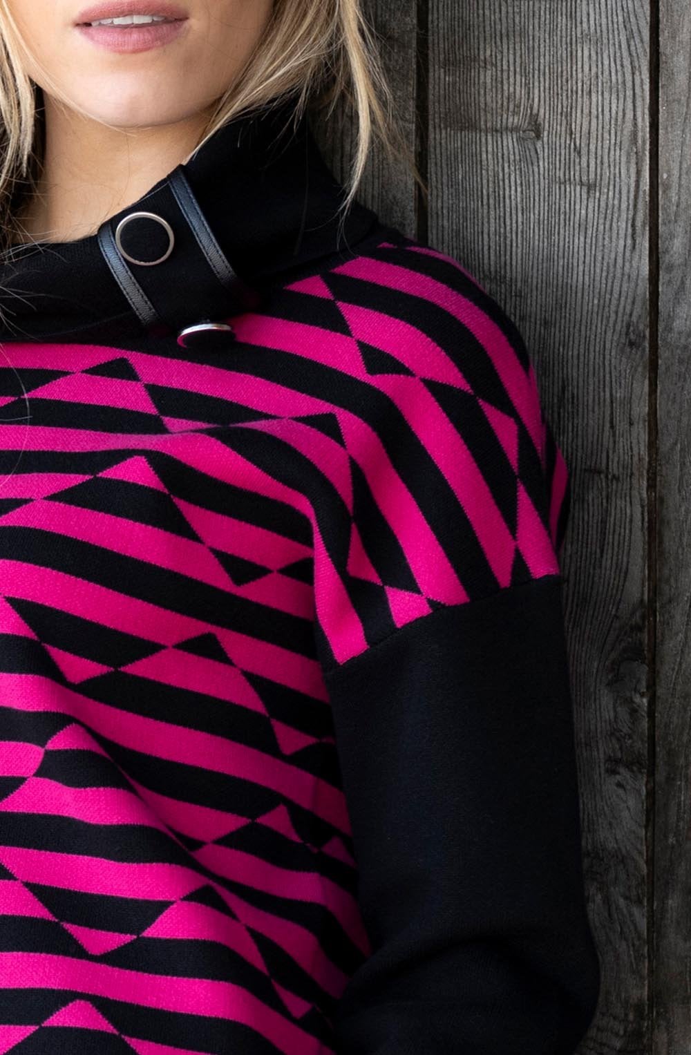 Fuchsia and Black Diamond Stripe Cowl Neck Jumper
