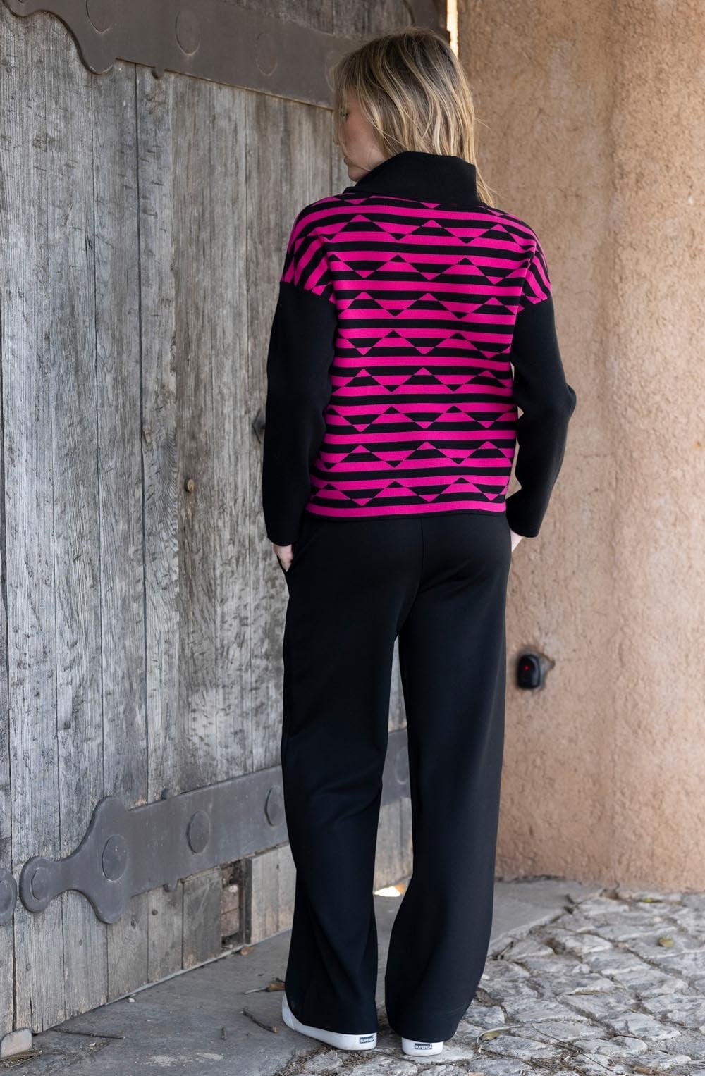 Fuchsia and Black Diamond Stripe Cowl Neck Jumper