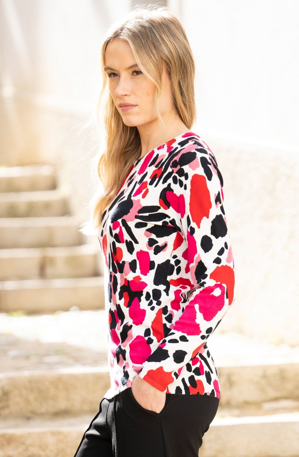 Fuchsia and Red Abstract Print Jumper
