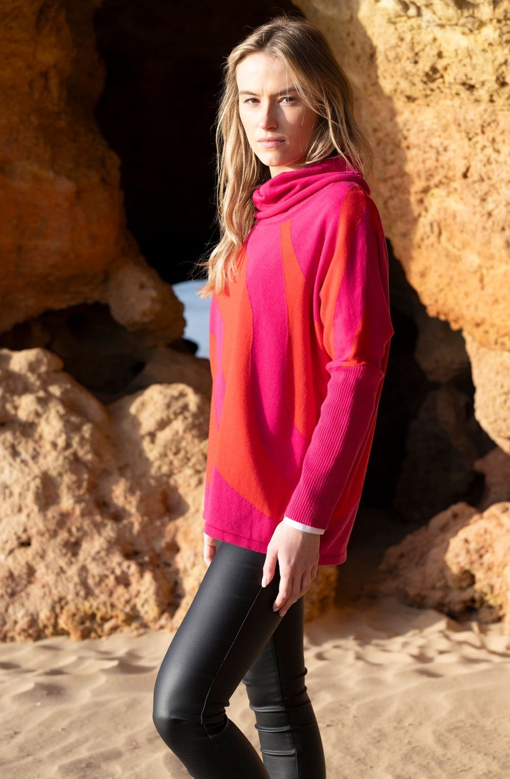 Fuchsia and Red Batwing Cowl Neck Jumper