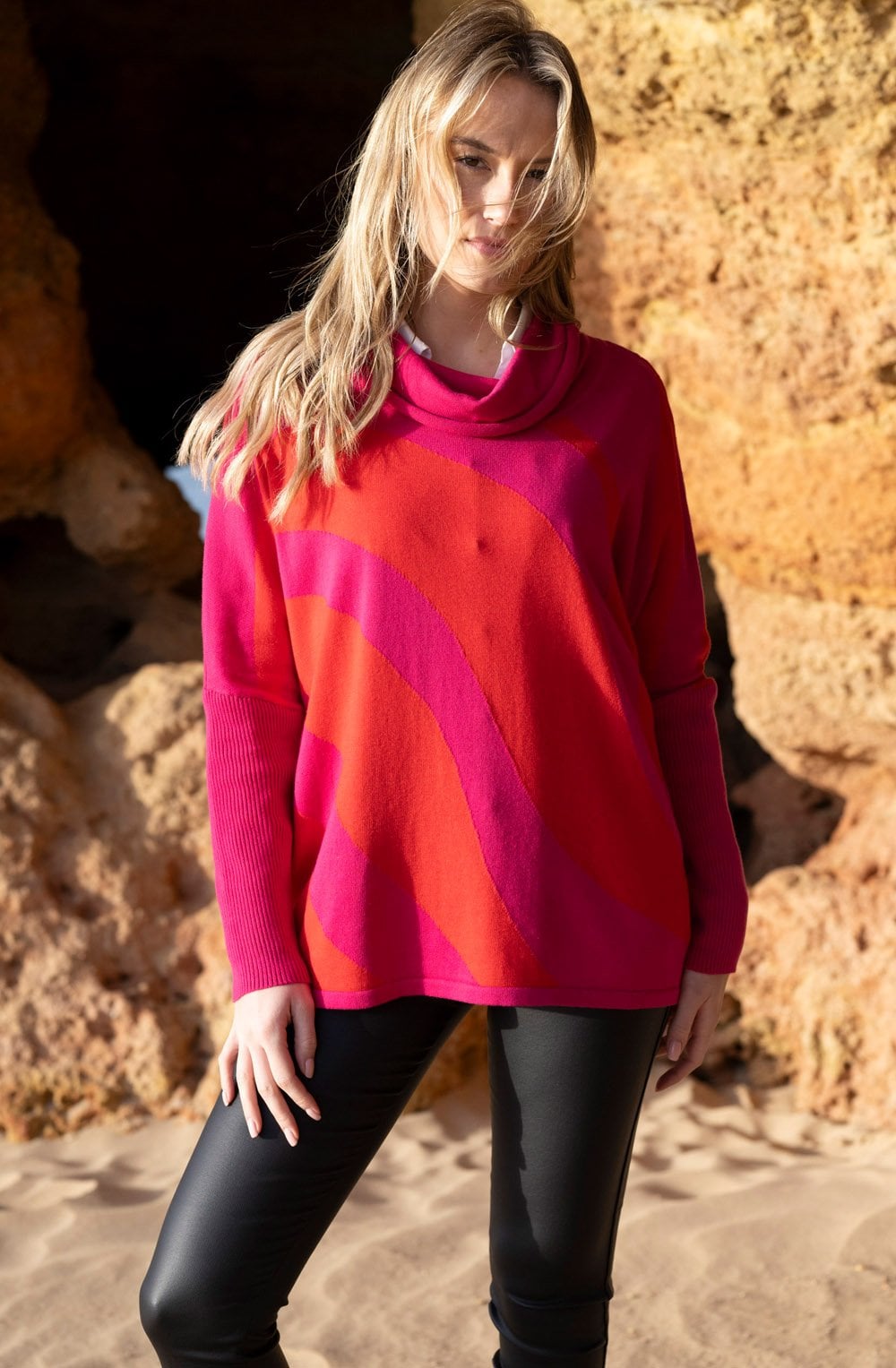 Fuchsia and Red Batwing Cowl Neck Jumper