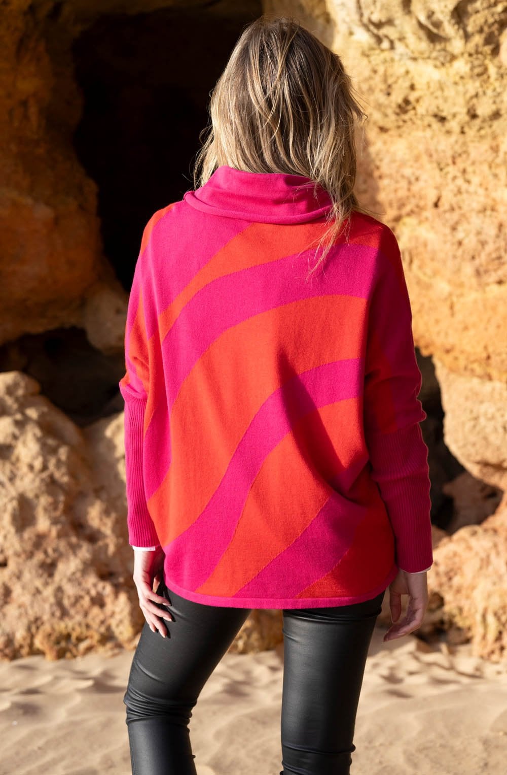 Fuchsia and Red Batwing Cowl Neck Jumper