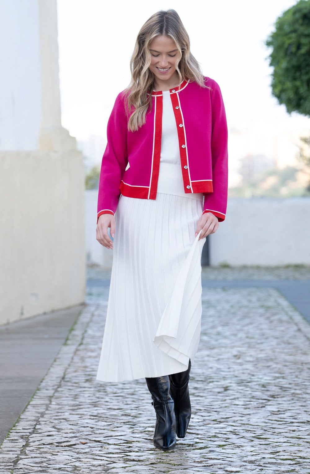 Fuchsia and Red Concealed Button Cardigan