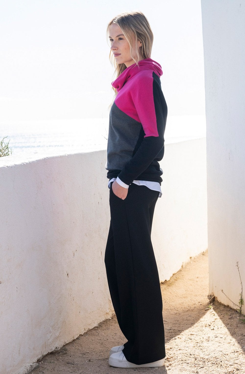 Fuchsia Colour Block Cowl Neck Jumper