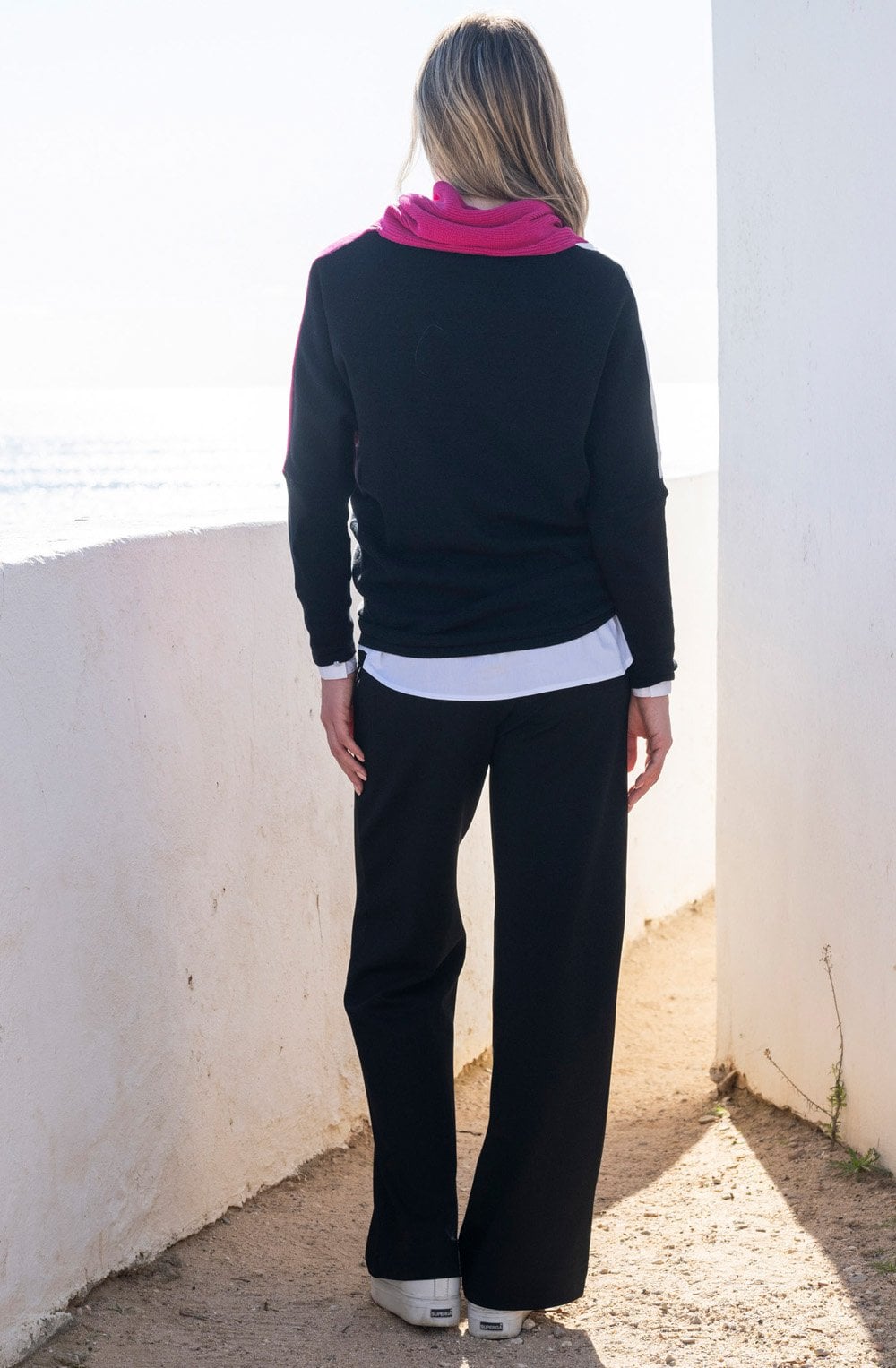 Fuchsia Colour Block Cowl Neck Jumper