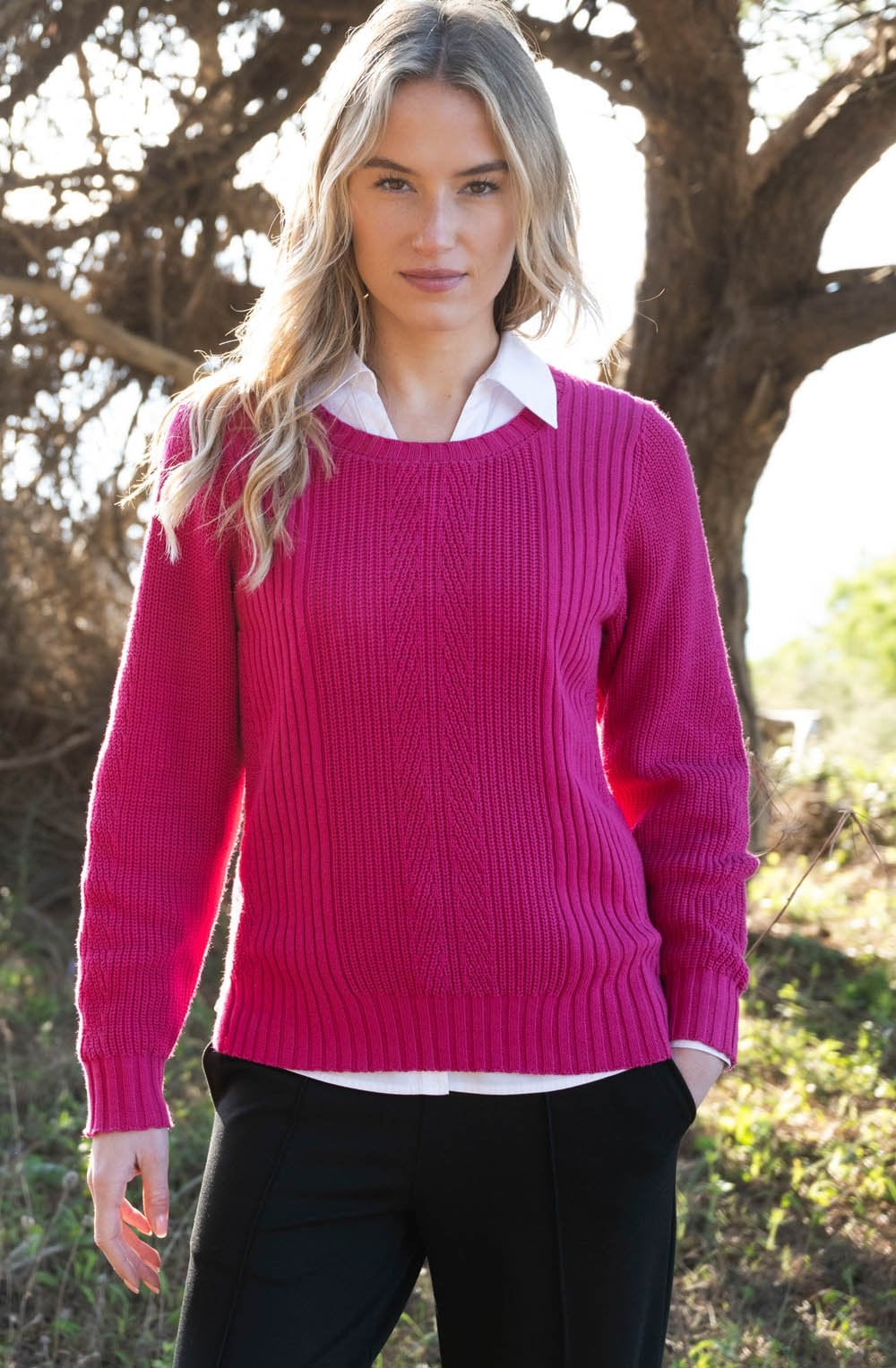 Fuchsia Contrast Cable Knit Jumper