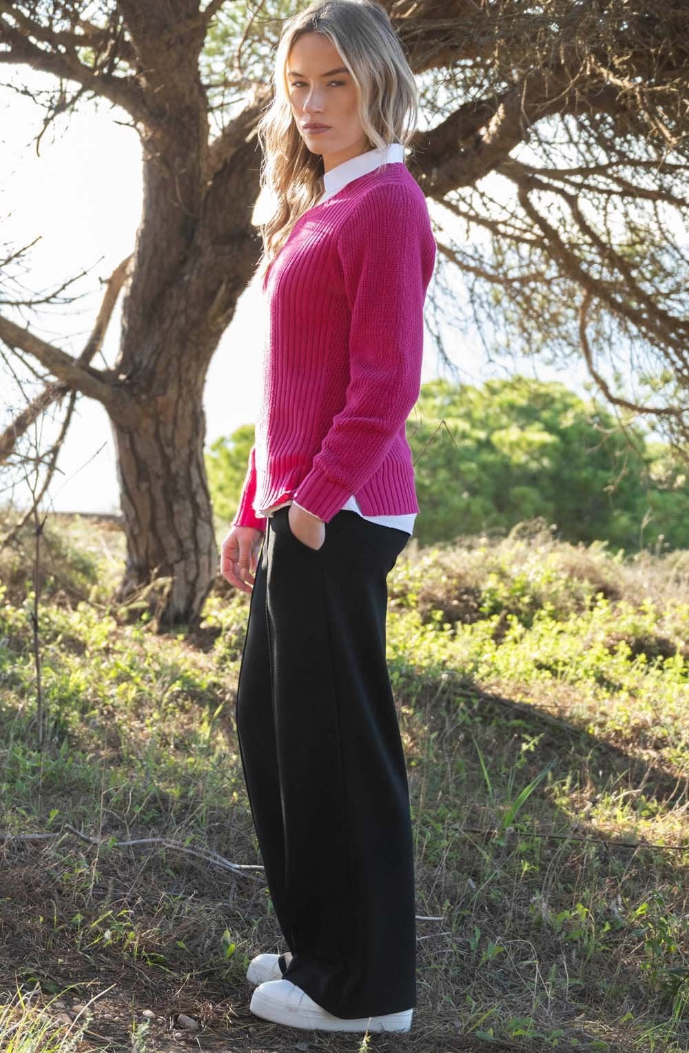 Fuchsia Contrast Cable Knit Jumper