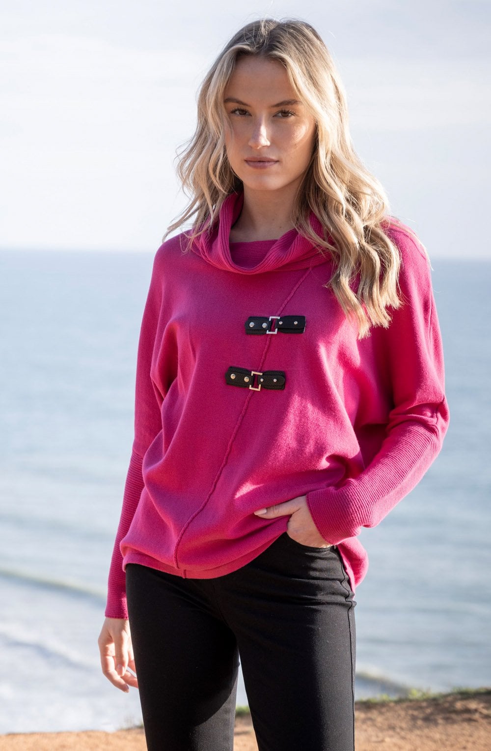 Fuchsia Oversized Jumper with Faux Leather Details